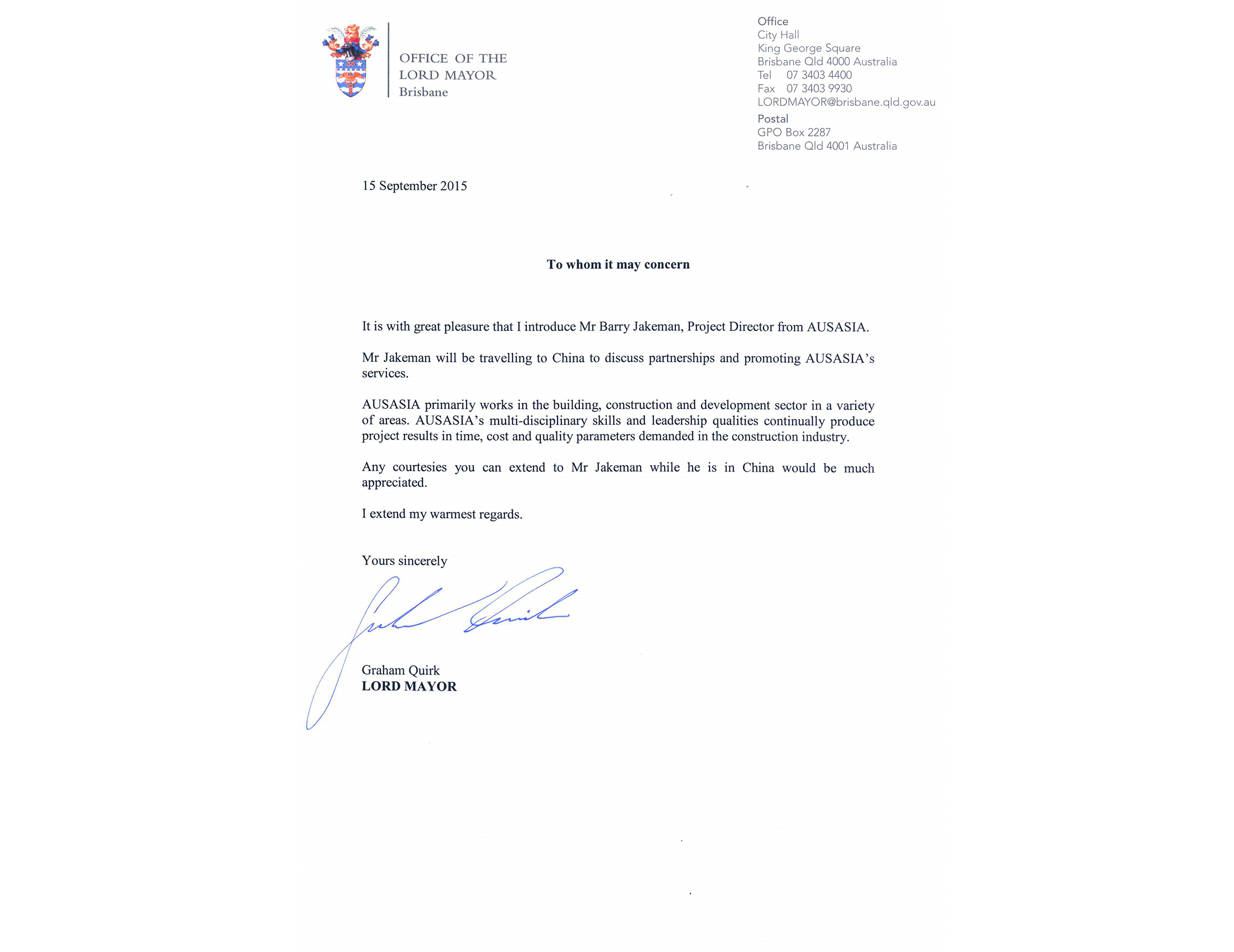 A letter from the Lord Mayor of Brisbane